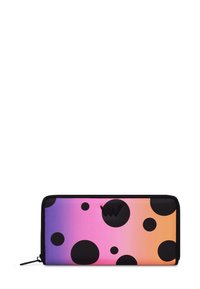 Peněženka na zip s gradientem od růžové po oranžovou, zdobená velkými černými puntíky. Materiál je hladký s černým okrajem.