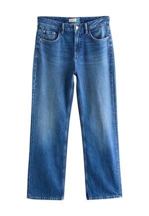 Blaue Jeans aus Denim mit geradem Bein, Fünf-Taschen-Stil, Metallknopfverschluss und leichter Verwaschung an der Vorderseite für Textur.