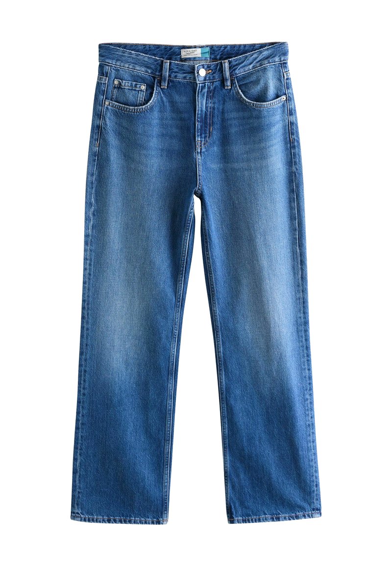 Blaue Jeans aus Denim mit geradem Bein, Fünf-Taschen-Stil, Metallknopfverschluss und leichter Verwaschung an der Vorderseite für Textur.