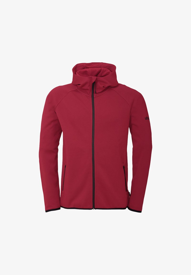 Veste zippée rouge avec un col haut, des manches raglan et une fermeture éclair noire. Dotée de deux poches latérales et d'un logo sur la manche gauche. Texture douce.
