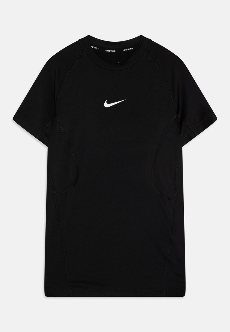 Juodas sportinis marškinėliai, pagaminti iš elastingos medžiagos. Turi apvalų iškirpimą, trumpas raglan rankoves ir baltą Nike logotipą ant krūtinės.