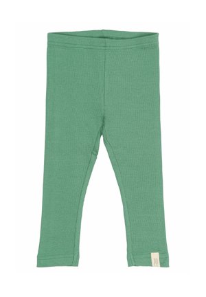 Zöld bordás leggings puha anyagból, testhezálló fazonnal, derékpánttal és egy kis logócímkével a bal alsó oldalon.