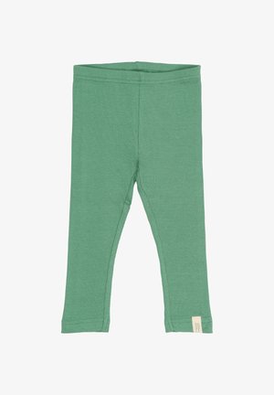 Leggings verdes con canalé hechos de una tela suave y de ajuste ceñido, con una cinturilla y una pequeña etiqueta de logo en el lado inferior izquierdo.