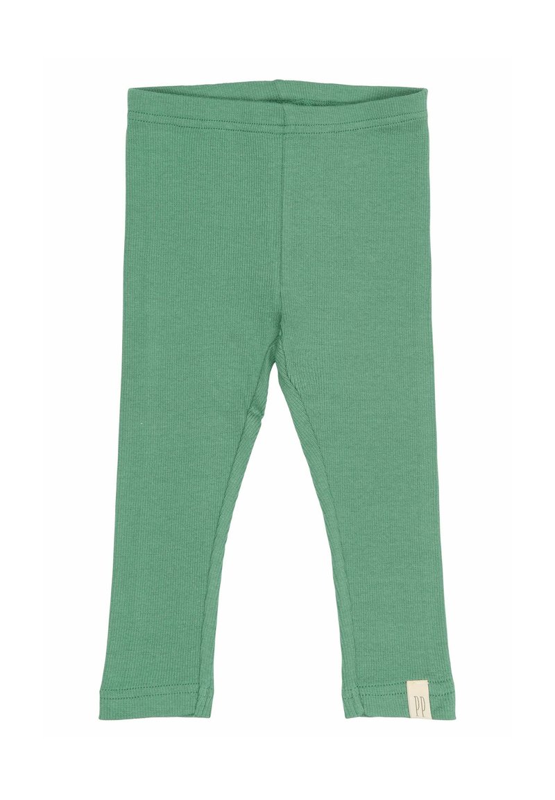 Žalios raukšlėtos leggės, pagamintos iš minkštos medžiagos, puikiai priglundančios, su juosmeniu ir mažuoju logotipo ženkleliu apatinėje kairėje pusėje.