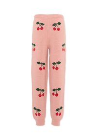 Roze gebreide broek met elastische tailleband en kersenpatronen met groene bladeren, gelijkmatig verspreid over de benen.