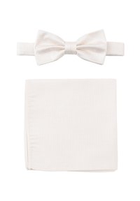 Weißes gemustertes Fliegenband mit passender Einstecktuch. Beide bestehen aus strukturiertem Stoff und weisen ein dezentes geometrisches Design auf.