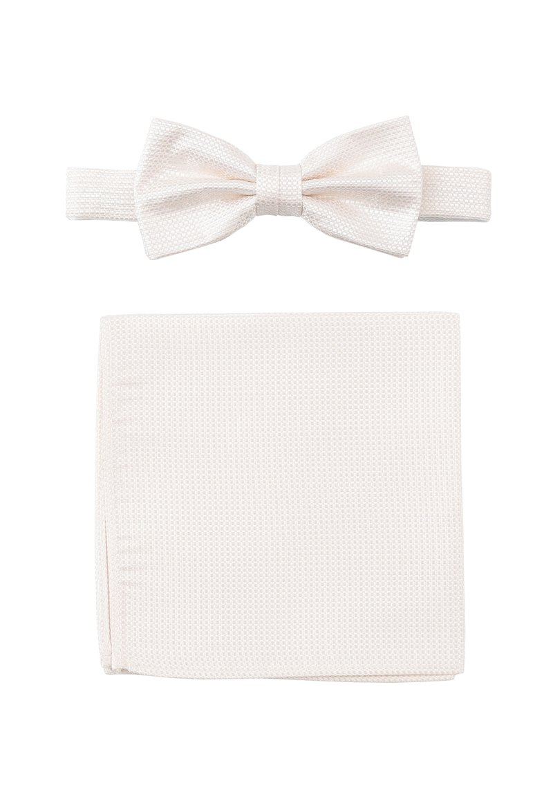 Weißes gemustertes Fliegenband mit passender Einstecktuch. Beide bestehen aus strukturiertem Stoff und weisen ein dezentes geometrisches Design auf.