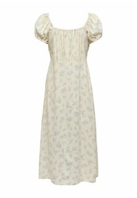 Robe mi-longue crème avec manches bouffantes et corsage smocké, dotée d'un délicat motif floral bleu clair sur l'ensemble.