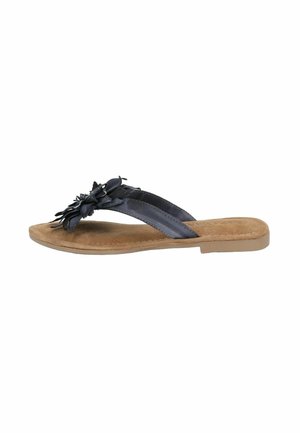 Tongs noires avec une tige en cuir synthétique, ornées d'une accent floral, semelle en liège plate et semelle en caoutchouc, idéales pour un usage décontracté.
