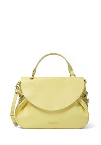 Borsa a tracolla gialla in pelle con pattina curva, dettagli floreali su un lato, manico superiore e tracolla regolabile.