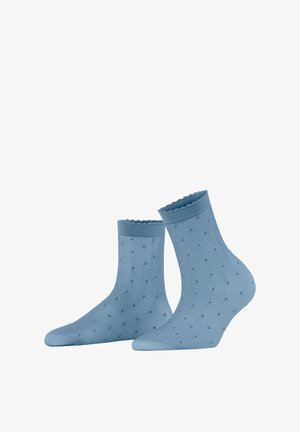 Blaue Baumwollsocken mit einem gepunkteten Muster und einem geschwungenen Rand oben. Sie sind knöchelhoch und haben eine glatte Textur.