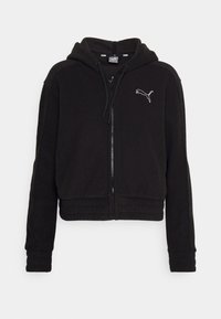 Felpa nera con zip, realizzata in tessuto morbido, con tasca a marsupio, polsini a costine e logo ricamato sul petto.