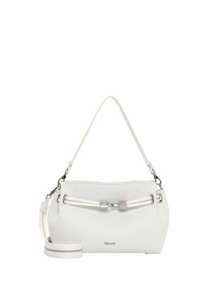 Hvid læderhåndtaske med aftagelig skulderrem med striber, sølv spænde og kort håndtag, sat mod en hvid baggrund.