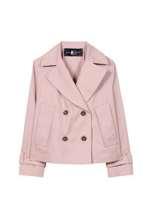 Light pink, double-breasted jacket with a wide lapel, two front pockets, and bronze buttons; smooth, slightly glossy texture.