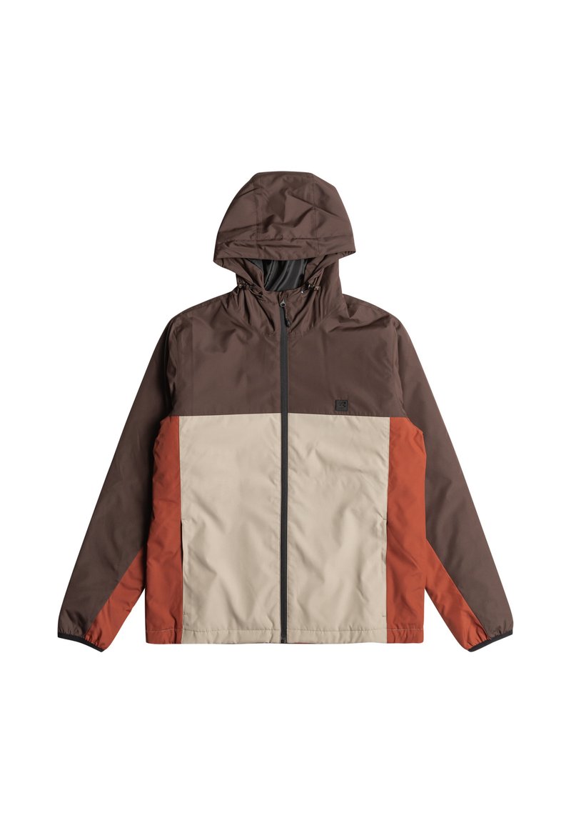 Hooded jacket featuring brown, cream, and rust panels; made of lightweight material with a front zipper and elastic cuffs.