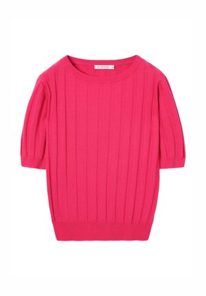 Fuchsiový pletený top s ribovanou texturou, kulatým výstřihem a krátkými nafouklými rukávy. Má rovný lem a označenou velikost S.
