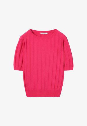 Fuchsiový pletený top s rebrovanou textúrou, okrúhlym výstrihom a krátkymi nadýchanými rukávmi. Má rovný lem, označená veľkosť S.