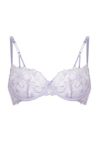 Soutien-gorge en dentelle de lavande clair avec broderie florale et accents en vert fluo. Bretelles ajustables et soutien-gorge à armatures. Tissu semi-transparent.