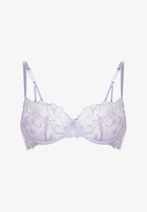 Spitzen-BH in hellem Lavendel mit floralem Stickerei und neongrünen Akzenten. Verstellbare Träger und Unterstüzung durch Bügel. Halbtransparenter Stoff.
