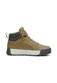 Bruna högskor i läder med grå accenter, strukturerad yta, runda skosnören och en tjock vit och svart gummisula.