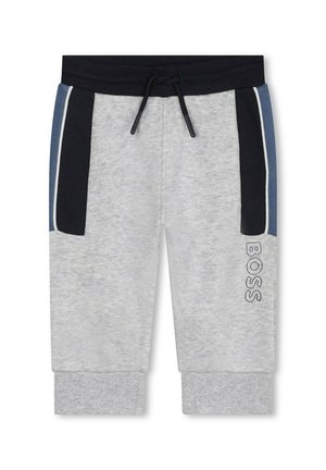 Pantalons de survêtement gris avec des panneaux latéraux noirs et bleus, poignets côtelés et taille à cordon. Présente le logo "BOSS" sur la poche avant gauche.