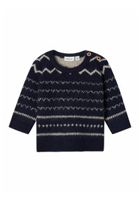 Maglione navy a maglia con motivi geometrici crema, collo rotondo e dettagli con bottoni sulla spalla. Texture morbida e maniche lunghe.