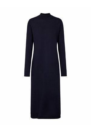 Marineblauwe jurk met lange mouwen, een aansluitende col, rechte snit en geribbelde textuur, die tot halverwege de kuit reikt. Geen zichtbare patronen of versieringen.