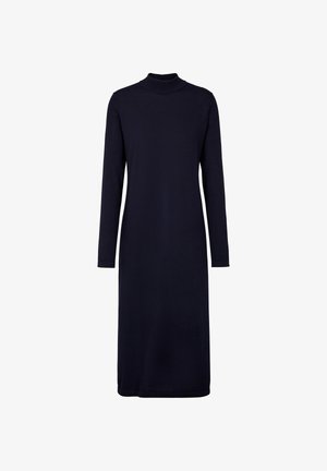 Marineblaues Langarmkleid mit enganliegendem Rollkragen, geradem Schnitt und gerippter Textur, das bis zur Mitte der Wade reicht. Keine sichtbaren Muster oder Verzierungen.