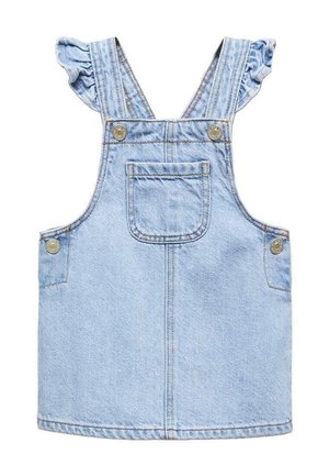 Vestito in denim azzurro chiaro con bretelle arricciate, tasca frontale e bottoni a pressione argentati. Texture liscia e classica forma ad A.