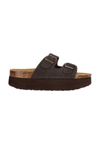 Sandal in suede marrone con suola in sughero, dotato di due cinturini regolabili e fibbie in tonalità argento. Suola spessa e strutturata di colore scuro.