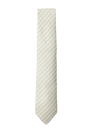 Cravate beige clair avec un motif diagonal de fines lignes brunes espacées régulièrement sur un fond blanc uni.