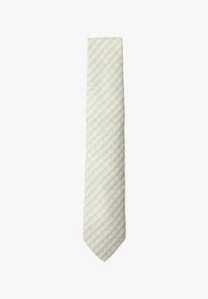 Cravate beige clair avec un motif diagonal de fines lignes brunes espacées régulièrement sur un fond blanc uni.