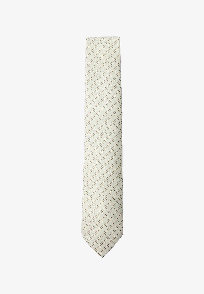 Cravate beige clair avec un motif diagonal de fines lignes brunes espacées régulièrement sur un fond blanc uni.