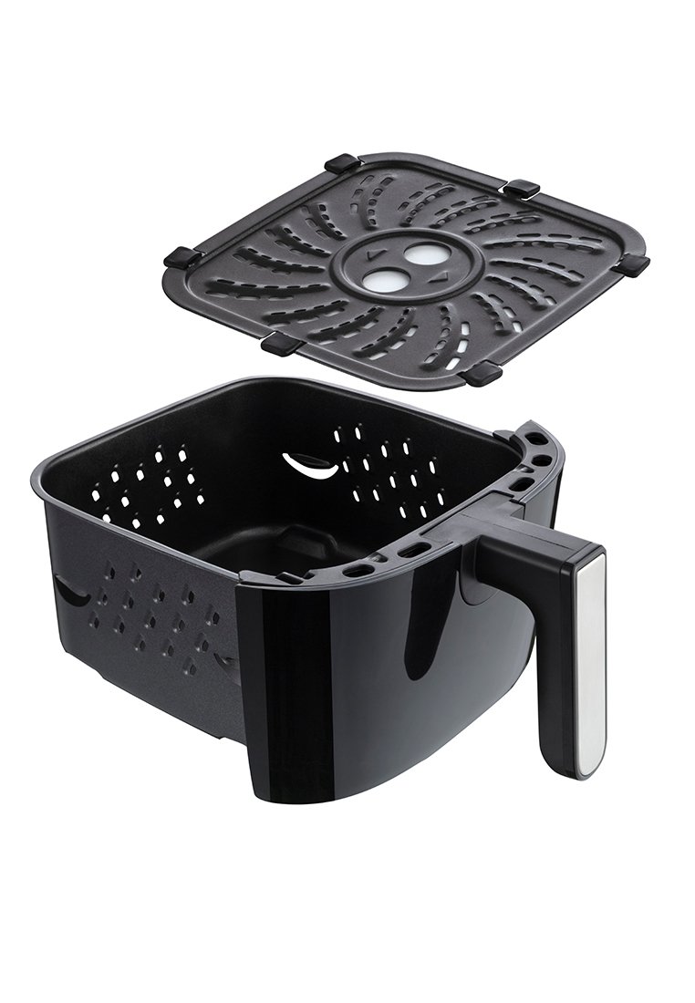 Cestello per friggitrice ad aria in plastica nera con coperchio perforato rimovibile e manico robusto. Dotato di aperture e superficie liscia.
