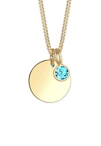 Guld halskæde med en cirkulær vedhæng med en glat overflade og en lille turkise krystal. Kæden har et snoet design.
