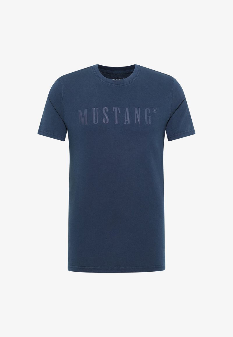 Navy blue cotton T-shirt with short sleeves, featuring "MUSTANG" logo in a slightly lighter shade across the chest. Crew neck design.