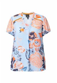 Blusa corta a maniche corte blu con motivo floreale, caratterizzata da fiori arancioni e blu navy, scollatura a V e pieghe sottili sulle maniche. Tessuto dalla consistenza morbida.