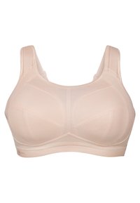 Sportivo di colore rosa chiaro con pannelli in rete, coppe sagomate, spalline larghe e design minimalista. Tessuto testurizzato e fascia elastica sotto il seno.