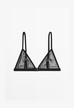 Sort trekantet bh lavet af gennemsigtig stof med justerbare stropper. Har metalbeslag på bagsiden og en blød underbånd.