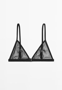 Black triangle bra made of sheer fabric with adjustable straps. Features metal hardware at the back and a soft underband.