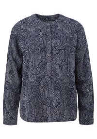 Blusa a maniche lunghe blu navy con motivo astratto e floreale bianco, scollo rotondo e tre piccoli bottoni sulla parte anteriore.