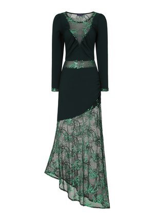 Abito a maniche lunghe di colore verde scuro con un corpo aderente, dettagli in tulle trasparente, ricami floreali verdi e orlo asimmetrico.