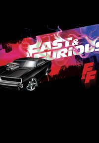 Voiture noire avec des accents chromés et un grand renflement de capot, sur fond vibrant rouge et bleu avec "FAST & FURIOUS".
