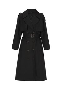 Zwarte trenchcoat met een dubbelgeknoopt ontwerp, brede revers, schouderaccenten en een bijpassende riem; gemaakt van een glad en duurzaam materiaal.