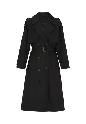 Czarny płaszcz trencz z dwurzędowym zapięciem, szerokimi klapami, detalami na ramionach i dopasowanym paskiem; wykonany z gładkiej, trwałej tkaniny.