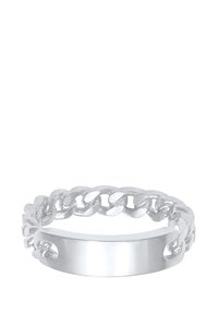 Sølvring med en flad bånd og et tekstureret kædedesign. Den glatte overflade kontrasterer med de forhøjede kædeaccenter.
