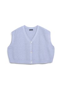 Gilet senza maniche a coste di colore blu chiaro, corto, con scollatura a V e tre bottoni in perla frontali, posizionato piatto su uno sfondo bianco.