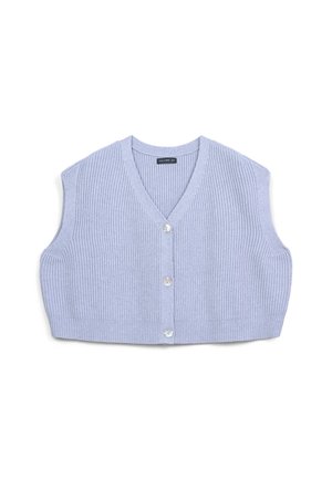 Un gilet en tricot côtelé sans manches de couleur bleu clair, avec un décolleté en V et trois boutons en perles à l'avant, posé à plat sur un fond blanc.
