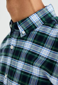 Close-up van een persoon die een groen, blauw en wit geruite button-up shirt draagt met witte knopen en een dichtgeknoopte kraag.