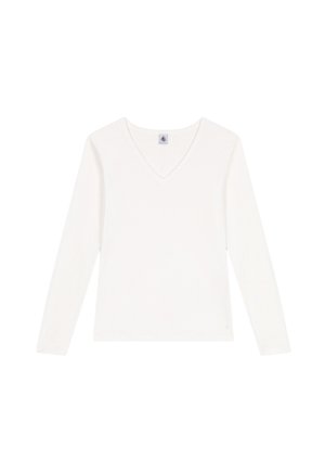 Maglia bianca a maniche lunghe con scollatura a V, realizzata in un tessuto morbido, caratterizzata da un design semplice senza motivi né decorazioni.